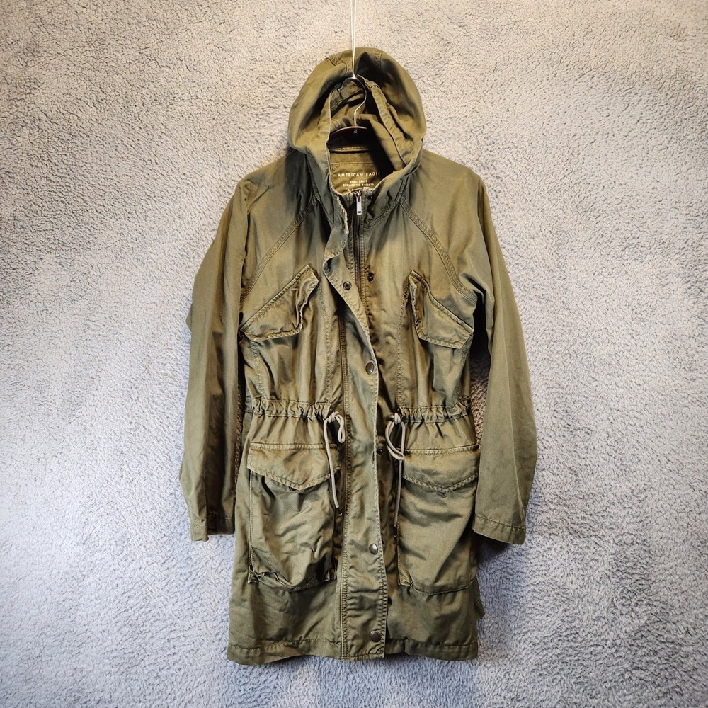 American Eagle Jacket Womens Small‎ Hooded Green Pockets Full Zip Snaps Utility